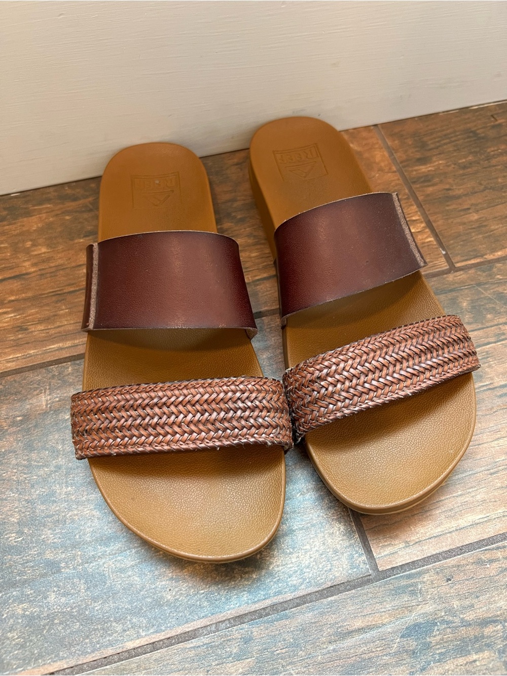 Women’s Brown Vegan Leather & Woven Slide Sandals